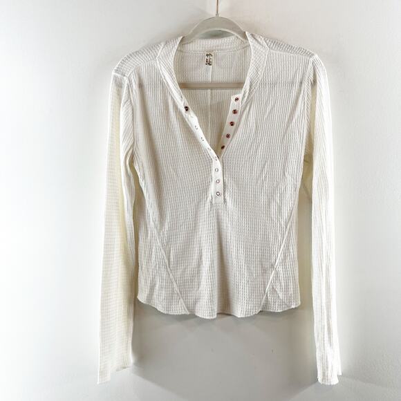 Free People One Of The Girls Long Sleeve Waffle Henley Top White Large - Picture 2 of 6